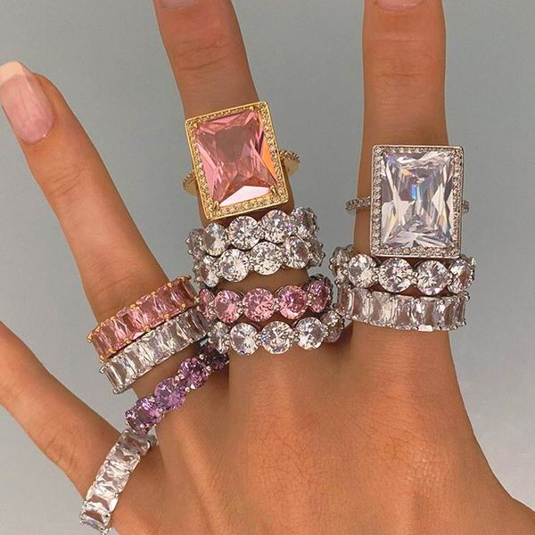 

wedding rings white cz big pink square shape accent stone silver color pricess cut full band engagment ring for women, Slivery;golden