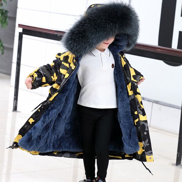 

children real fur coat camouflage long jacket girls natural fur inside jacket boys winter parka clothing tz14, Blue;gray