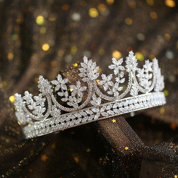 

full zircon large tiara copper zircon tiaras micro pave cz bride crown wedding hair jewelry diadem mariage bijoux, Golden;silver