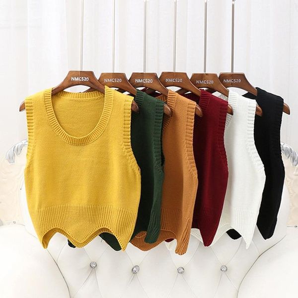 

fashion women's sweater vest solid colors knit o neck sleeveless short pullover sweater vest autumn wavy edge warm pullover, White;black