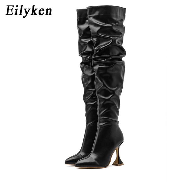 

eilyken new design pleated leather over the knee boots fashion runway strange high heels pointed toe zip womans shoes, Black