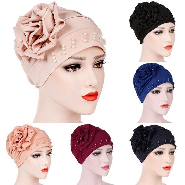 

new women hair loss cap beanie flower pearls muslim cancer chemo cap islamic hat cover head scarf fashion bonnet, Blue;gray