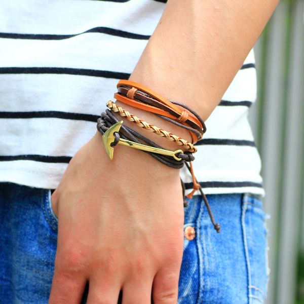 

charm bracelets multiple layers braided leather men's vintage wooden beaded wrap bangle adjustable bohemia jewelry for women, Golden;silver