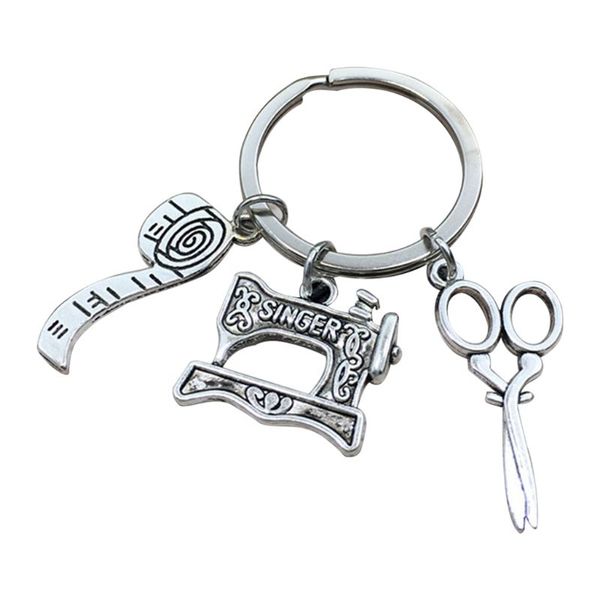 

fashion creative sewing machine tape measure scissors keychain diy personalized keychain car pendant jewelry, Silver