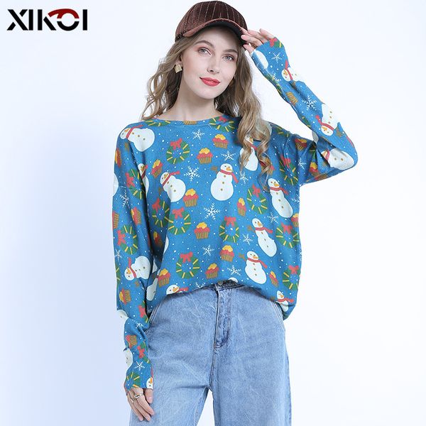 

womens designer christmas sweater snowman print long sleeve pullover loose sweater, Black;brown