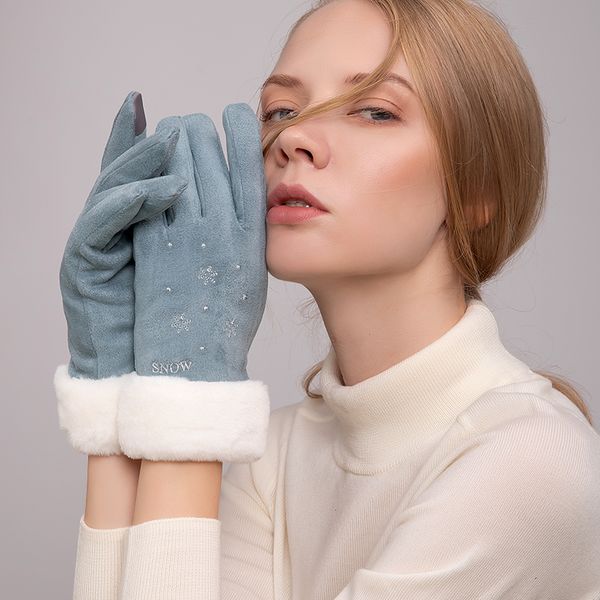 

five fingers gloves snow ear women keep warm touch screen full finger nylon guantes mujer, Blue;gray