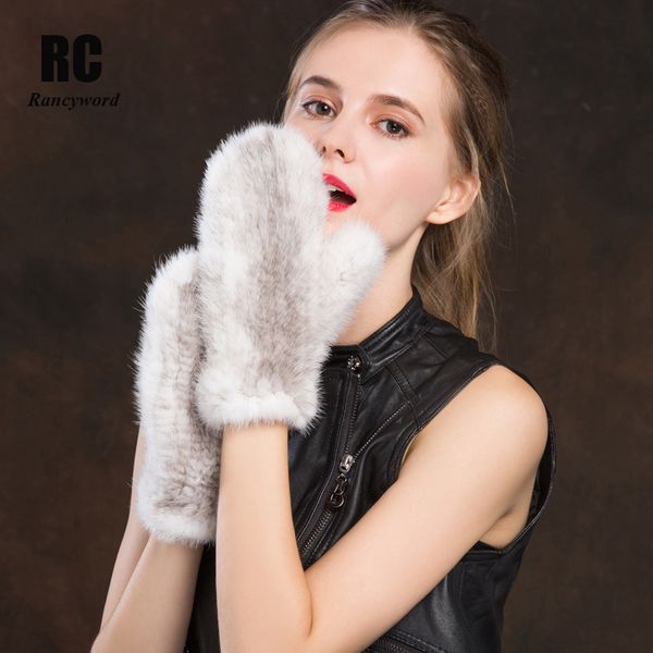 

five fingers gloves [rancyword] winter women real with rope mittens female knitted nutural fur warm rc1331, Blue;gray