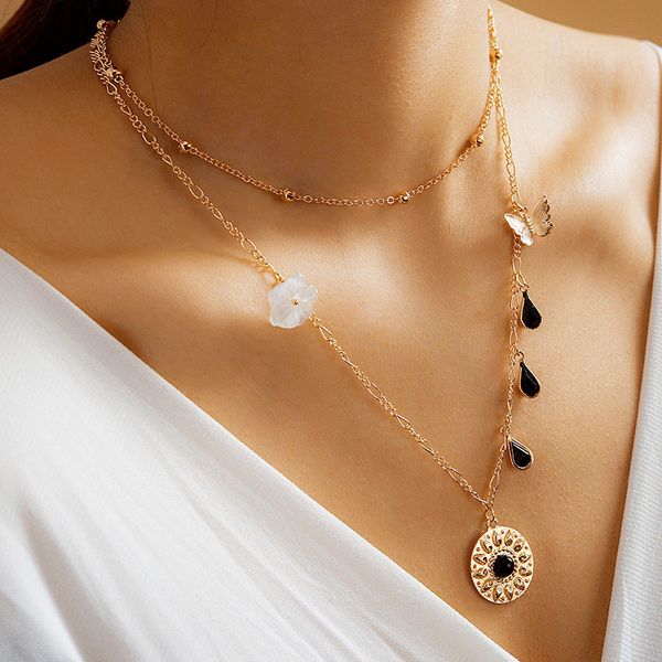 

pendant necklaces fashion multiple layer gold chain necklace for women cz raindrop butterfly figaro flowers collares mujer, Silver