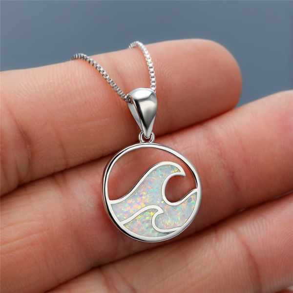 

boho female blue white opal pendant necklace charm silver color chain necklaces for women dainty bridal wave wedding necklace