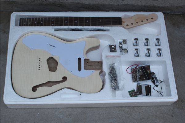 

factory left handed electric semi-finished guitar kits,diy guitar,no paint,semi-hollow body,white pickguard,chrome hardware,can be changed