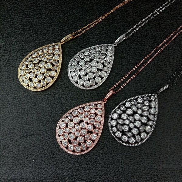 

1pc 35x64mm mixed color golden plated cz micro pear pendant chain necklace, Silver