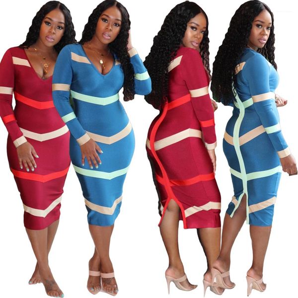 

с длинным рукавом v шеи сплит платье осень повседневная женщины bodycon платья одежда полосатый женщин конструктора платья назад молния, Black;gray