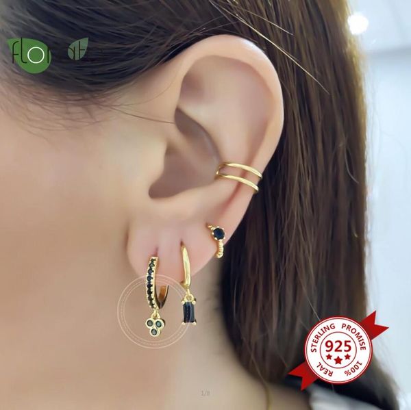 

hoop & huggie black crystal pendant 925 sterling silver earrings dangle hoops thin charms loops circle jewelry, Golden;silver