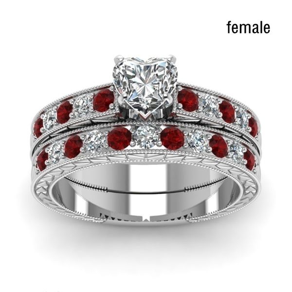 

romantic rings set 2pcs/set charm heart shapr white/red zircon ring for women accessories jewelry gift, Golden;silver