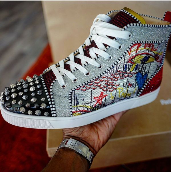 

brands graffiti sequin high red bottom sneaker men women casual shoes outdoor sports party dress footwear eu35-47, Black