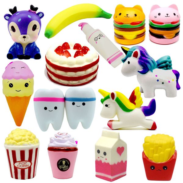 

squishy toys deer, banana hamburger popcorn ice cream, milk decor slow rising squishies ing666