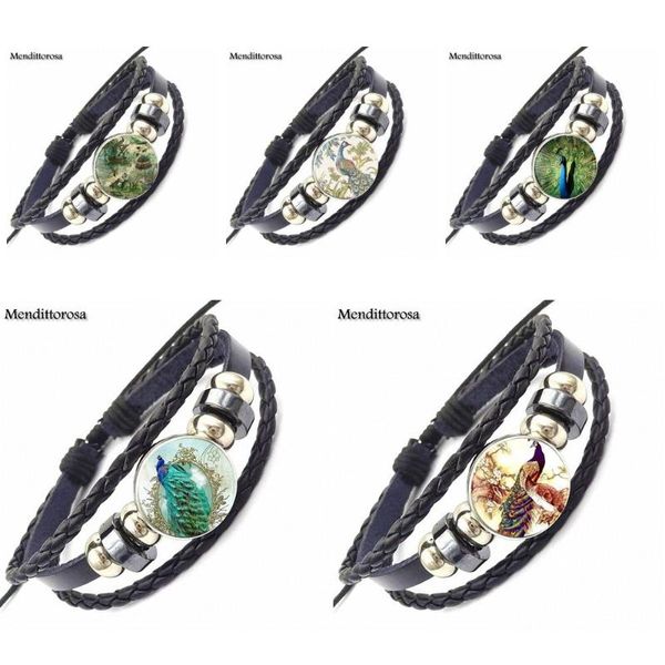 

ej glaze jewelry classic glass cabochon black leather bracelet bangle fashion for women wedding vintage peacock, Golden;silver