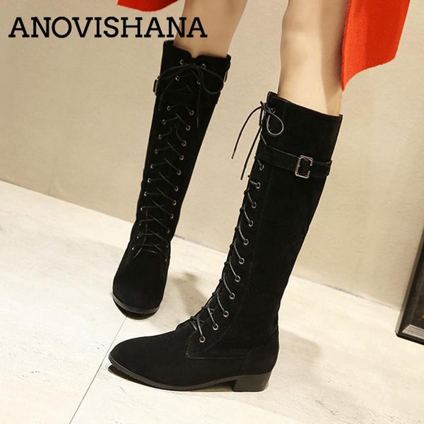 

anovishana knee high boots women high heeled riding knight boots female winter lace up women shoes boot bottines sizes 43 d441, Black