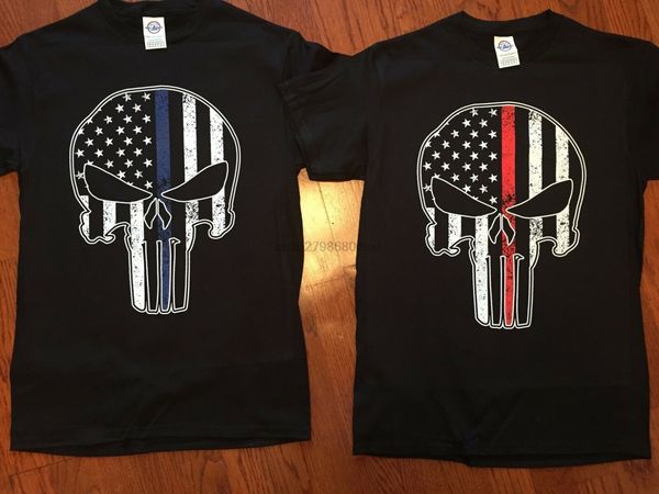 

skull t-shirt police swat skull fireman t-shirt thin line red blueflag ad&ampkids