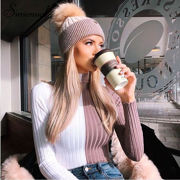 

women's sweaters patchwork turtleneck and pullovers autumn knitting clothes skinny cropped lady's sweater, White;black