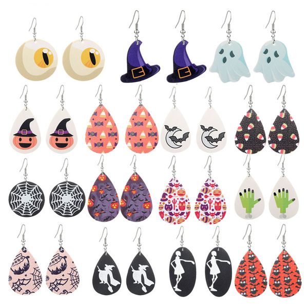 Stud Dangle Chandelier Halloween Jóias Bonito Abóbora Lanterna Fantasma Impresso Couro Dangle Brinco Criativo Meninas Mulheres Declaração Hoop Brincos2024