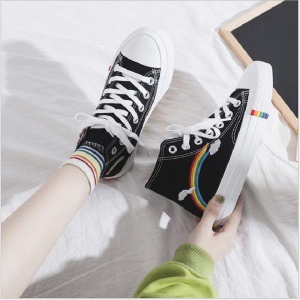 

rainbow high-canvas white shoes trend fairy style casual student korean version, Black
