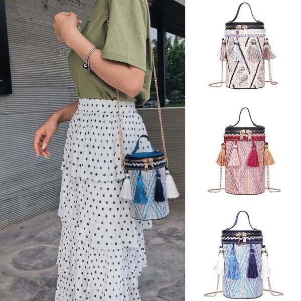 

ethnic tassel bucket bag women fringe totes casual shoulder bag weave handbag girls retro classic crossbody chain messenger