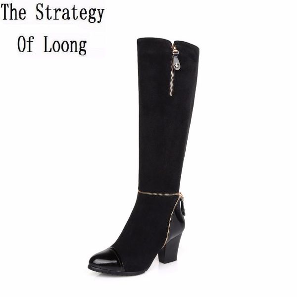 

women spring autumn winter sheepskin leather thick high heel pointed toe zipper knee high boots plus size 34-45 sxq1007, Black