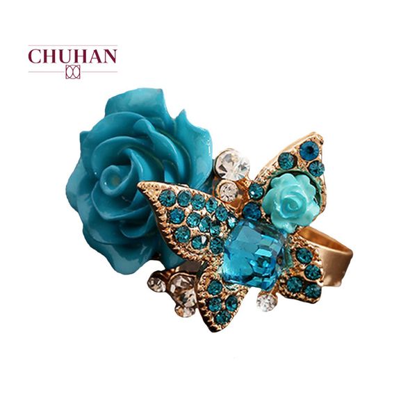 

cluster rings chuhan butterfly rose for women rhinestone engagement ring female jewelry c33, Golden;silver