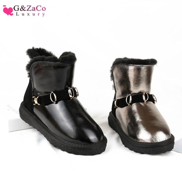 

gzaco luxury short обувь wool boots ботинки кожаные сапоги водонепроницаемая зимы неподдельной овец меха снег металл женщин, Black