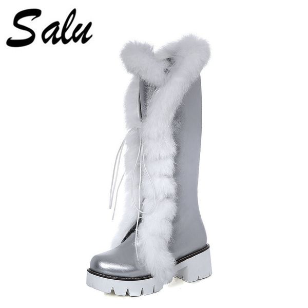 

boots salu fashion lace up women knee high all match round toe pu leather square heel ladies motorcycle size 34-43, Black