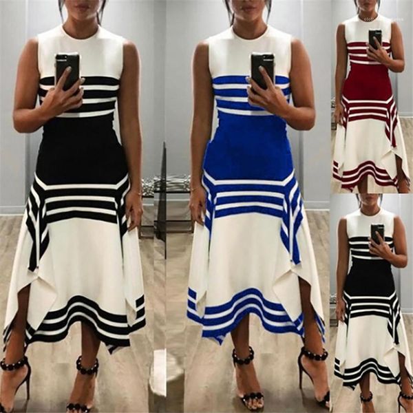 

ladies dresses spring casual asymmetrical female dresses summer striped womens dresses o-neck sleeveless loose mid waist, Black;gray