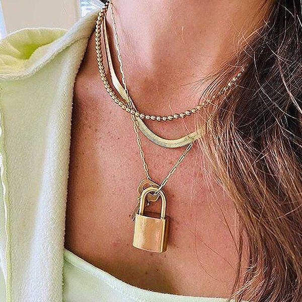 

3pcs/set women necklaces set bohemia key lock geometric clavicle chain gold necklace fashion beach party female jewelry, Golden;silver