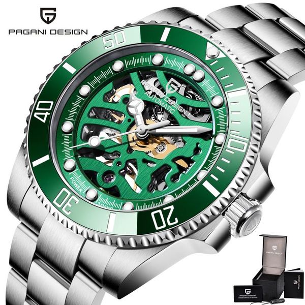 

100m waterproof wrist watch for men luxury pagani design automatic mechanical mens watches full stainless steel clock male, Slivery;brown