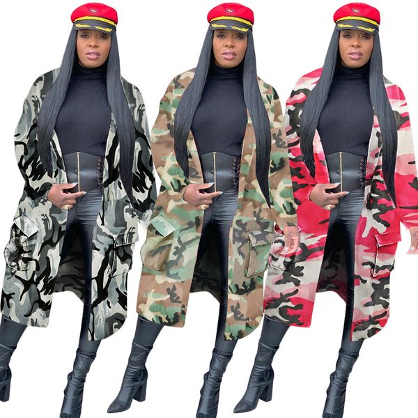 

women camouflage printng trench coats 2020 autumn selling lady's full sleeve v-neck pockets mid-calf cardigan, Tan;black