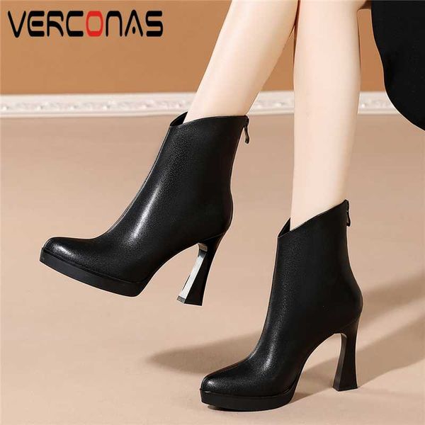 

verconas fashion concise new women ankle boots genuine leather autumn winter platform shoes woman zipper office high heels boots, Black