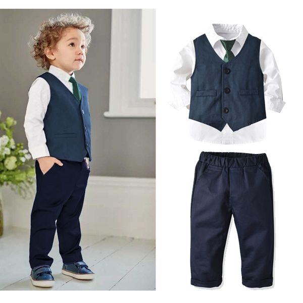 

new gentleman baby boy clothing 4 pcs set butterfly bow-tie waistcoat shirt pants christmas party suit kids sets, White