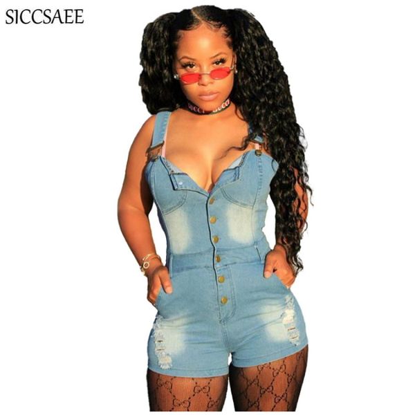 

waterwashed denim playsuits for women jeans button backless bodycon bandage jumpsuits shorts summer 2020 bodysuit tight fit, Black;white