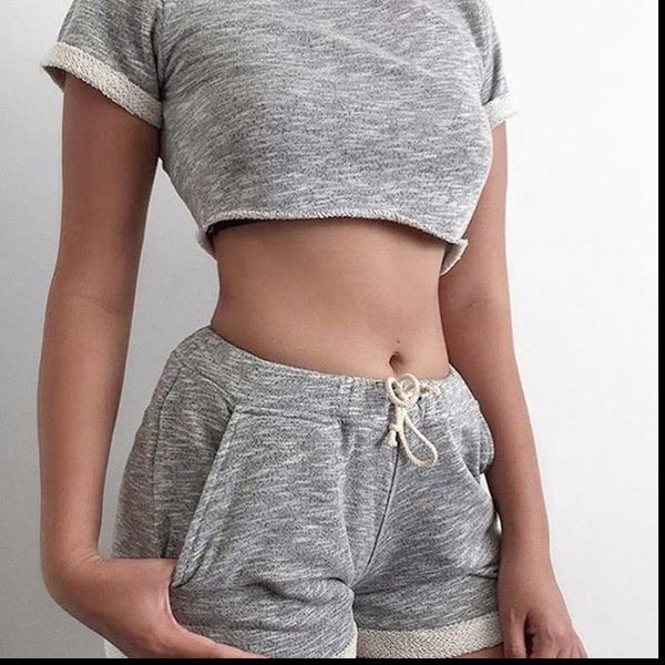 

2 pieces set fashion women shorts suit breathable expose navel drawstring ladies girl casual clothing, Gray