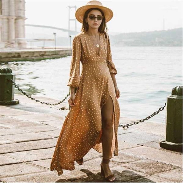 

clothing womens v neck split maxi dresses polka dot print long sleeve summer dresses female, Black;gray