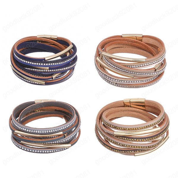 Mehrschichtige Lederarmbänder für Damen und Herren, Schlangen-Manschettenwickel, magnetisches Armband, Boho-Retro-Kristall-Perlenkette, Armreif-Schmuck