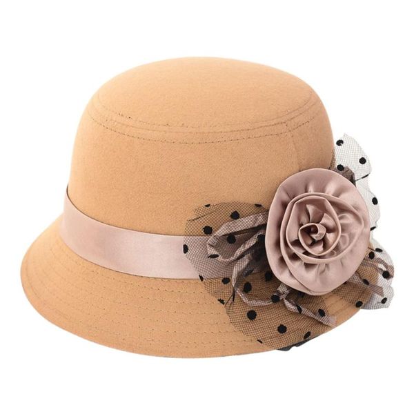

fashion vintage women fedora hat imitation woolen flower autumn winter keep warm bucket cap elegant ladies bowler hats eig88, Blue;gray