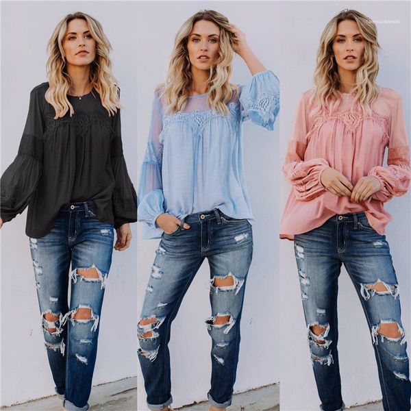 

ladies tees see through loose casual female clothing summer womens gauze lace tshirts panelled lantern sleeve fashion, White