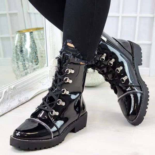 

women leather pu shoes lace up black combat boots army ankle ladies boots comfy short d30