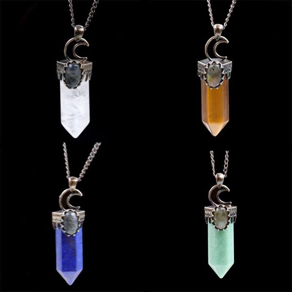 

yjxp hexagonal column natural stones pendant necklaces inlay oval labradorite crescent moon vintage crown shape jewelry making, Silver