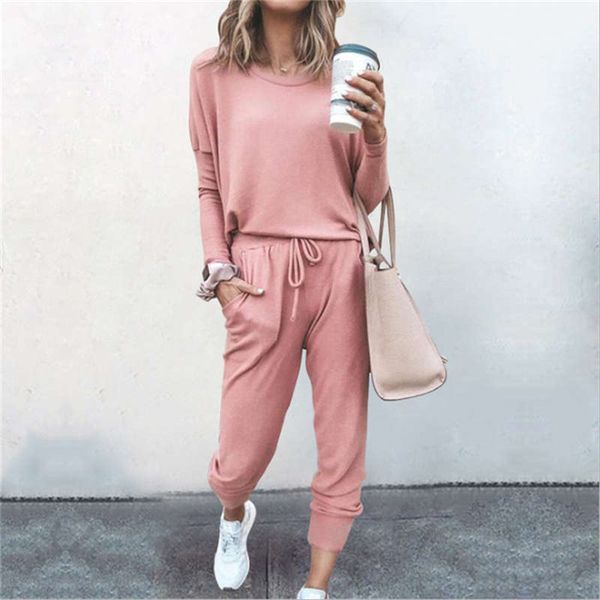 

2020 new european and american women's clothing for autumn and winter amazon loose solid color long-sleeved casual suit sport wear s-2x, White