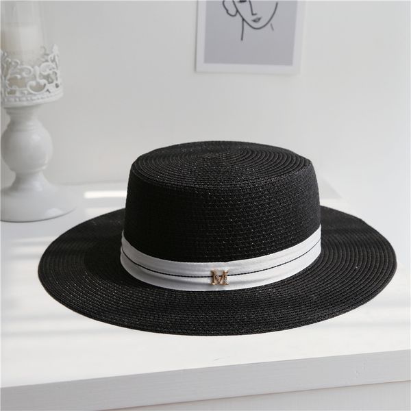 

stingy brim hats 2021 letter  women beach straw hat outdoor black british style cap embroidered white flat summer female wide sunhat, Blue;gray