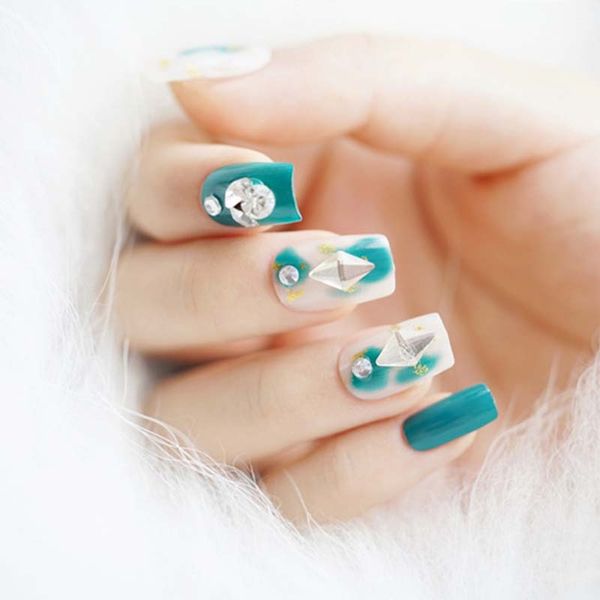 

24 pcs bling rhinestone decoration manicure 3d long square fake false green press on faux nails tips with back sticker, Red;gold