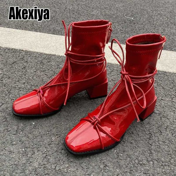 

boots brand design microfiber leather ankle for women high heels fashion square toe ladies shoes big size lace-up boot w146, Black