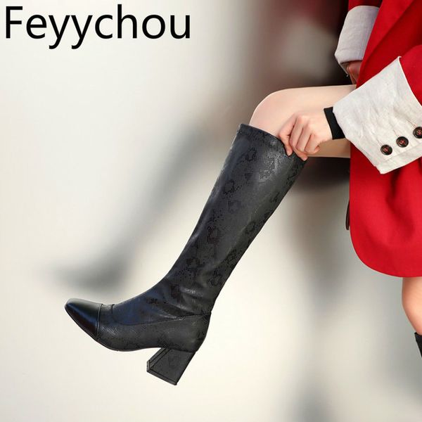 

women boots autumn winter high heel warm pu knee high square toe zip print boots 2020 new fashion casual black white silver